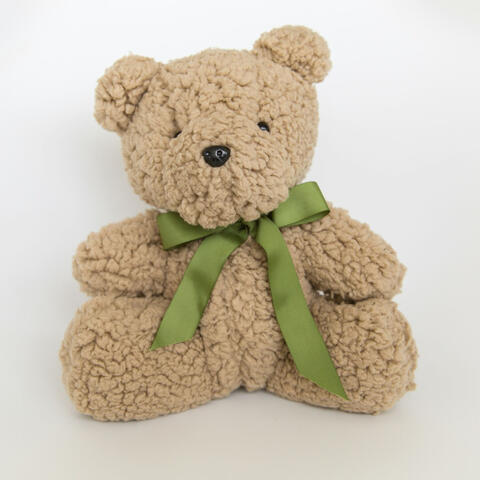 picture of a teddy bear with a green ribbon